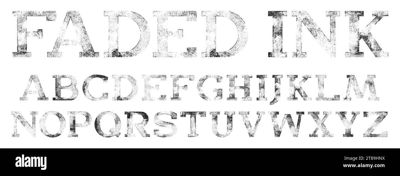 Faded ink stamped font. Slab Serif Display Font, works well at large sizes. Hand textured characters with a faded, rolled ink print texture Stock Vector