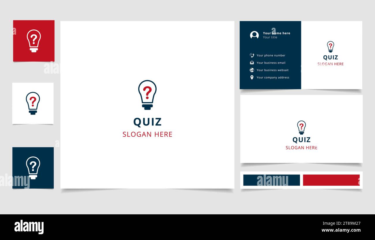 Quiz logo design with editable slogan. Branding book and business card