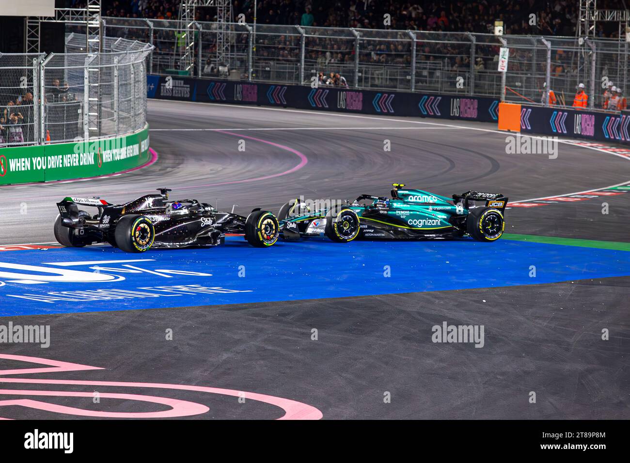 Las Vegas, USA. 18th Nov 2023. Start of the race crash btw  Fernando Alonso (SPA)  Aston Martin F1 Team AMR23  and  Valtteri Bottas (FIN) Alfa Romeo C43  during FORMULA 1 HEINEKEN SILVER LAS VEGAS GRAND PRIX 2023 - Nov 17 to 19 2023 Las Vega, Nevada, USA Credit: Alessio De Marco/Alamy Live News Stock Photo