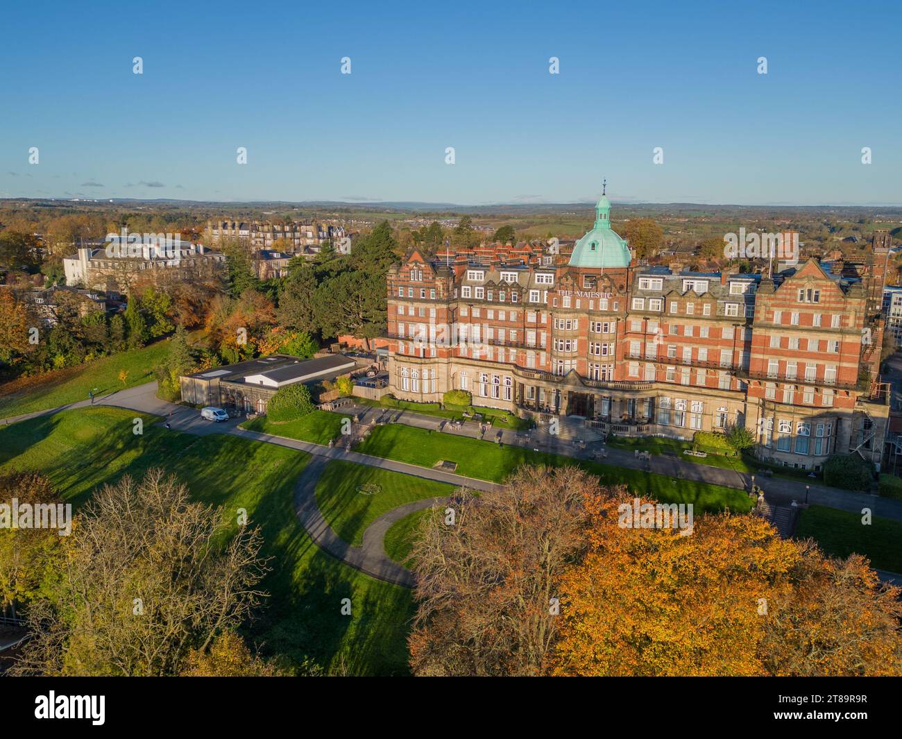 Harrogate, Yorkshire United Kingdom. Aerial view of The Majestic Hotel Harrogate North Yorkshire. Historic hotel in the spa town Stock Photo