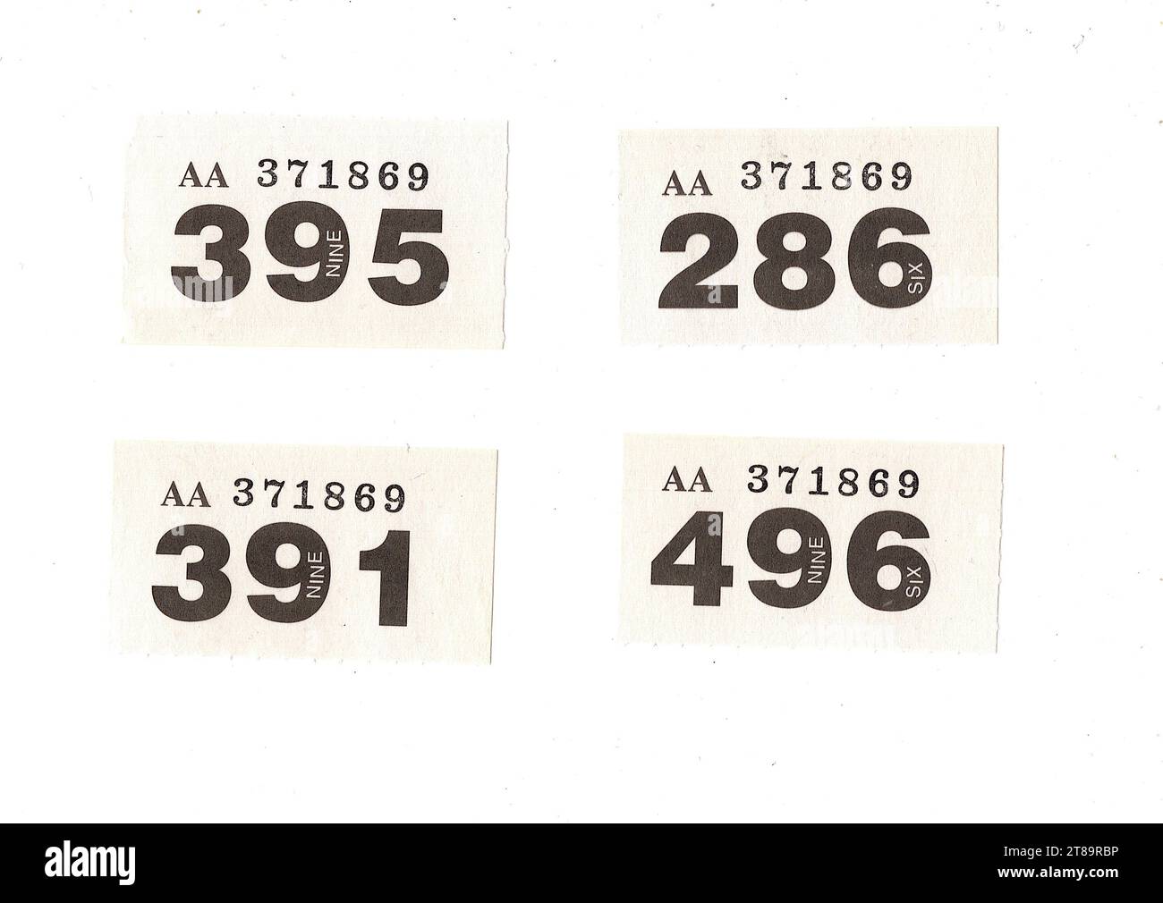 Single white vintage raffle tickets on a white background Stock Photo