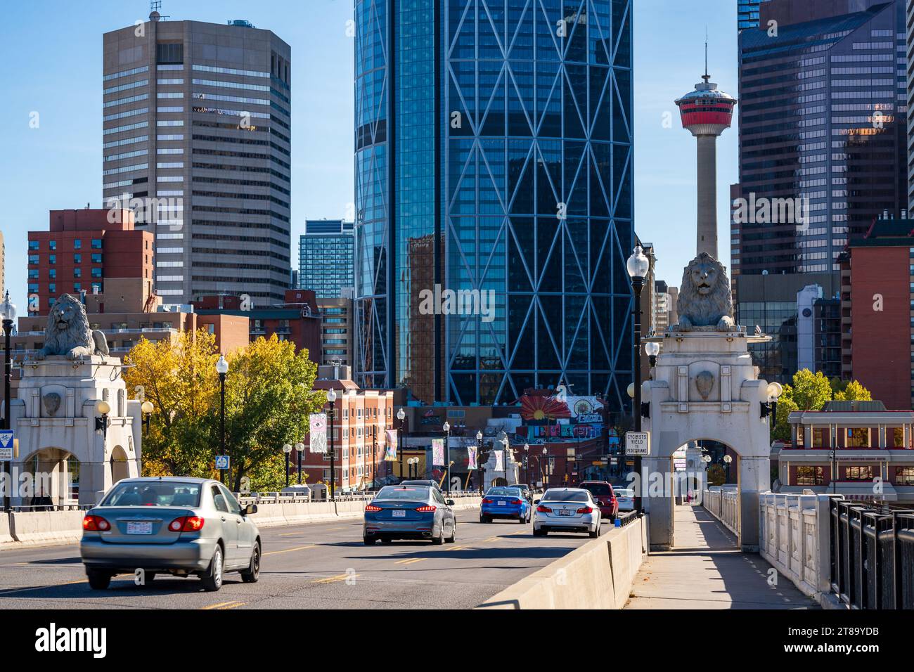 Calgary, Alberta, Canada - October 8 2023 : Traffic on the Centre Street Bridge. Downtown Calgary skyline in background. Stock Photo