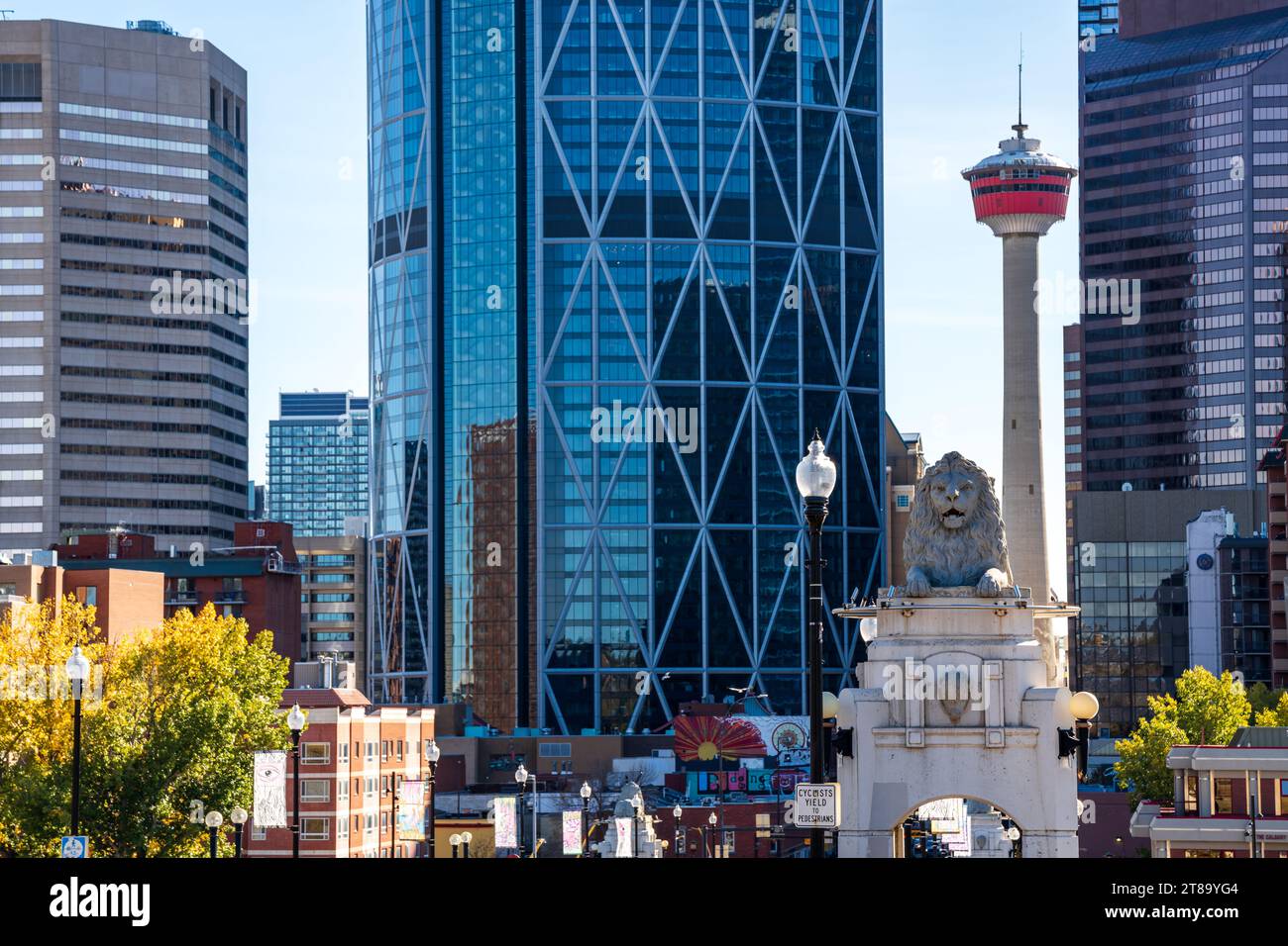 Calgary, Alberta, Canada - October 8 2023 : Centre Street Bridge. Downtown Calgary skyline in background. Stock Photo