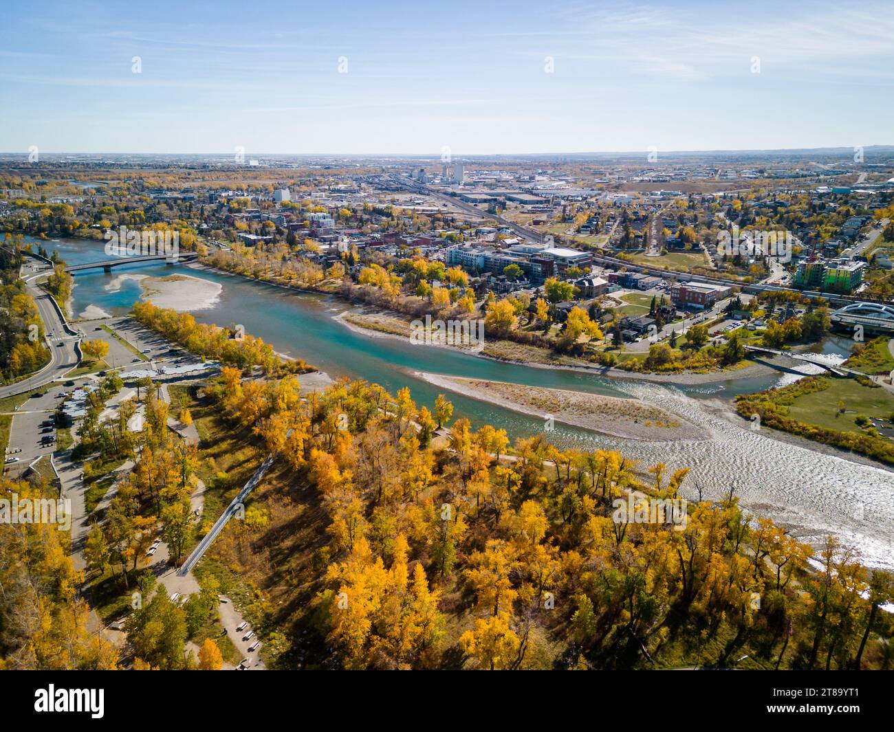 St. Patrick's Island Park and Bow River aerial view in autumn season