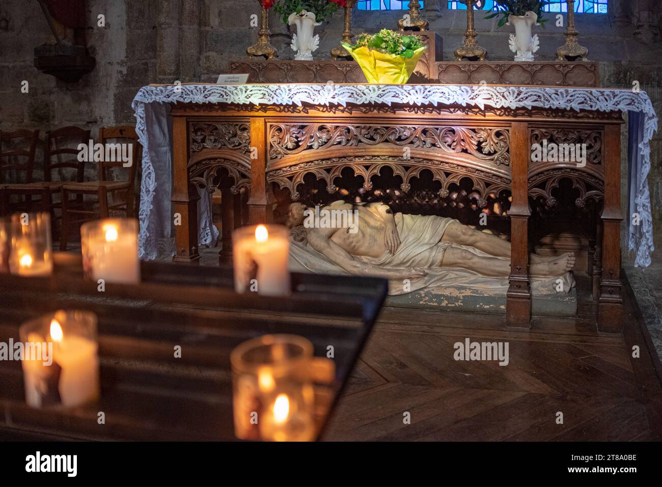 Inside view of a tomb effigy at the cathedral Saint-Tugdual of Treguier. With no people Stock Photo
