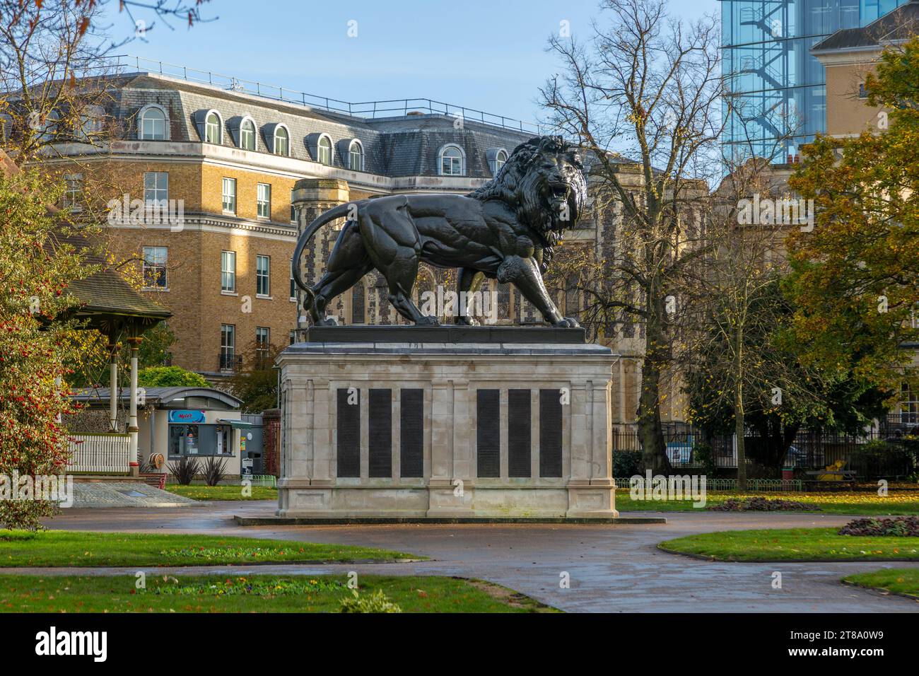 Maiwand Lion sculpture war memorial monument, Forbury Gardens park, Reading, Berkshire, England, UK Stock Photo