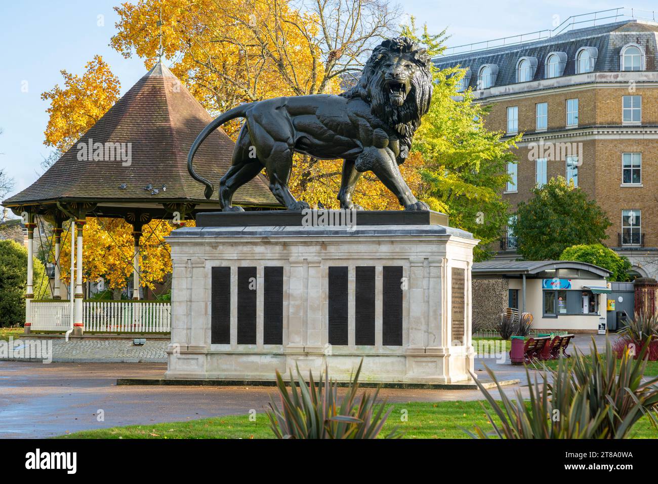 Maiwand Lion sculpture war memorial monument, Forbury Gardens park, Reading, Berkshire, England, UK Stock Photo