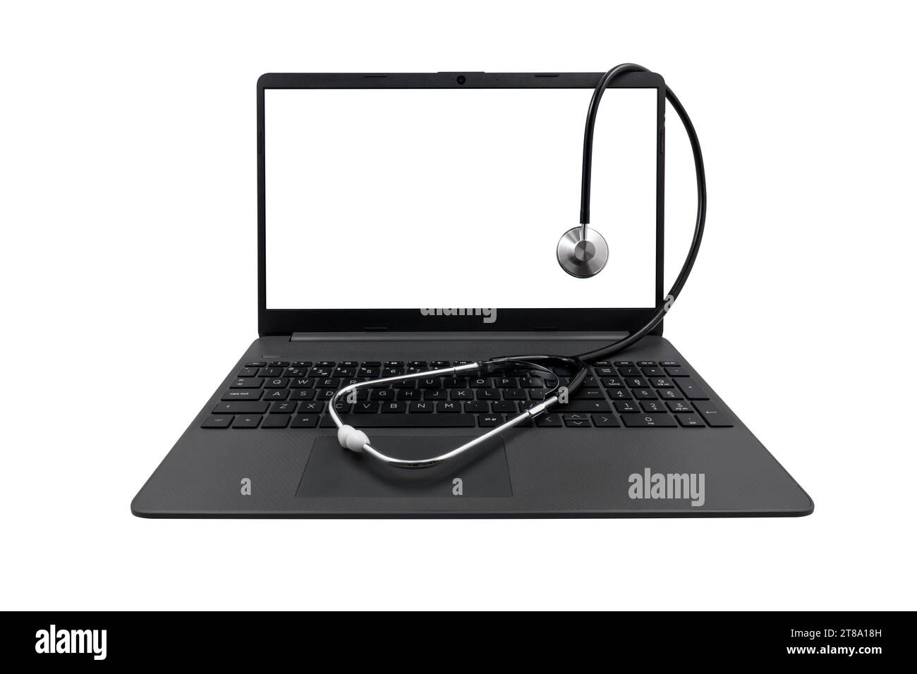 Laptop with blank screen and medical stethoscope isolated on white ...