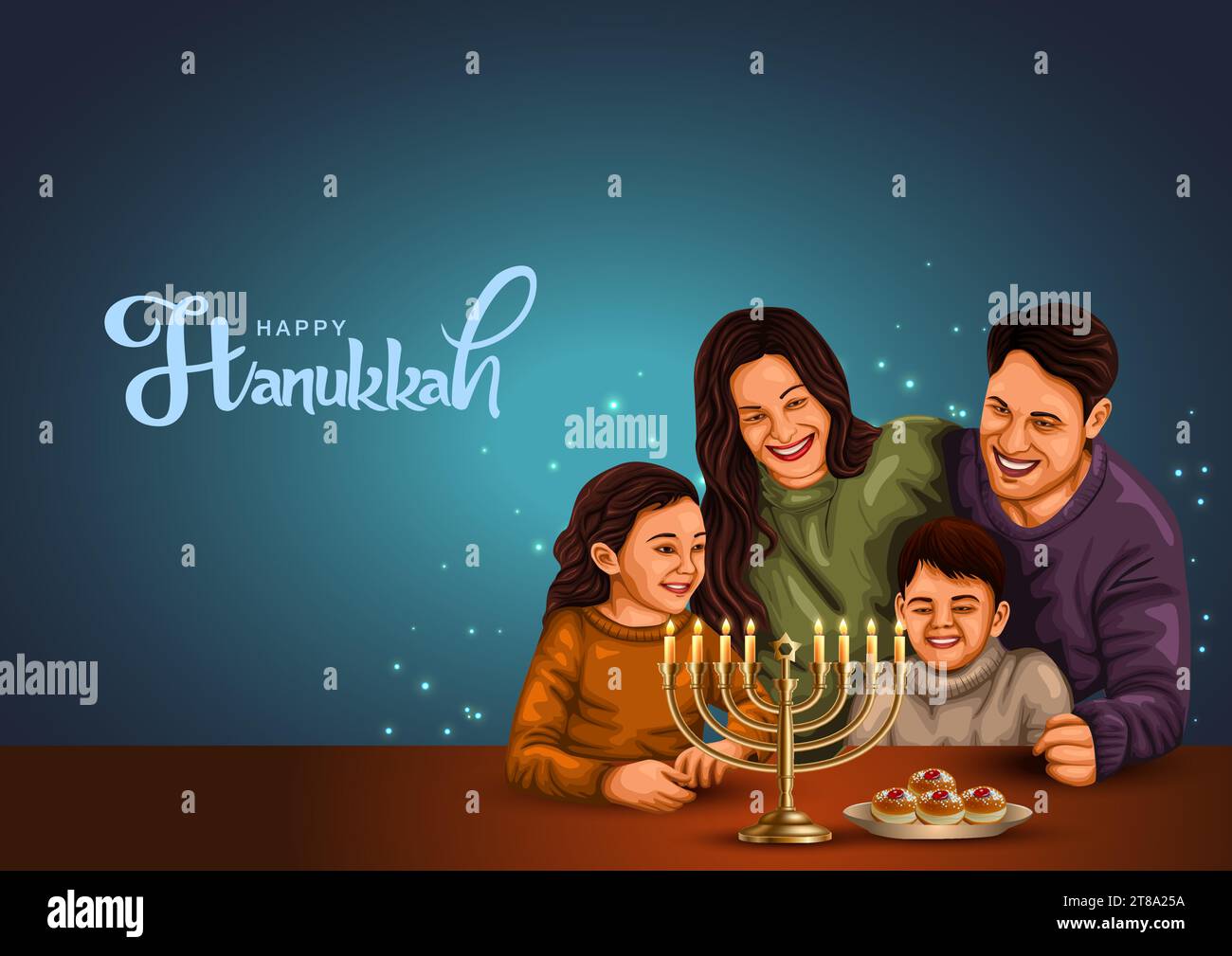 Happy family celebrating Hannukah festival at home. creative abstract illustration digital painting. Stock Vector