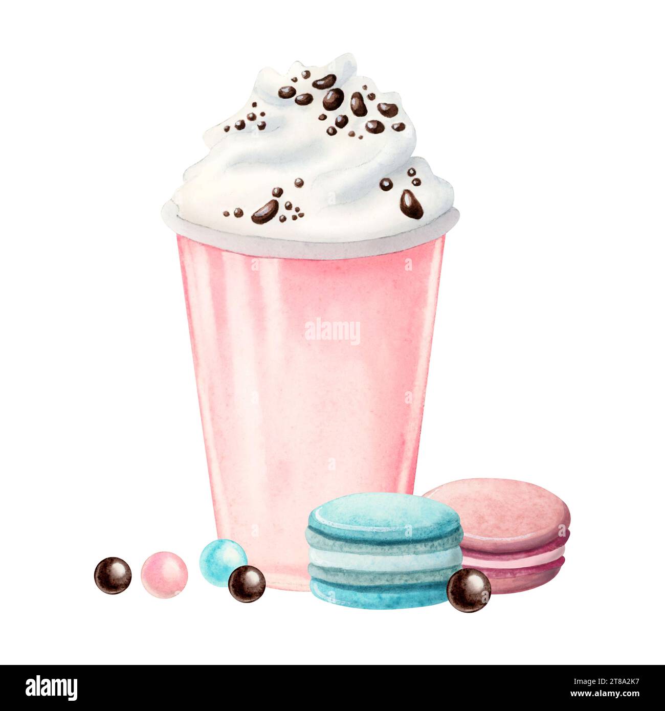 https://c8.alamy.com/comp/2T8A2K7/pink-milkshake-with-whipped-cream-macaroons-and-round-candies-watercolor-illustration-cold-summer-drink-in-plastic-cup-2T8A2K7.jpg