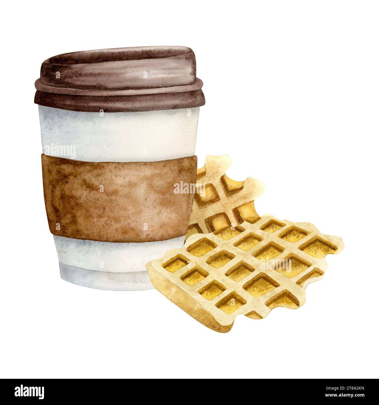 Belgium waffles dessert with coffee cup watercolor illustration ...