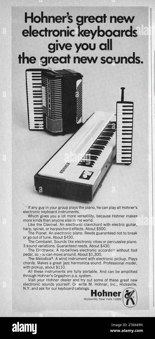 An advertisement for Hohner portable instruments in an early 1960s music magazine. Featured are the Clavinet, Pianet , Cembalet, electravox, melodica, accordion, and accordion. Stock Photo