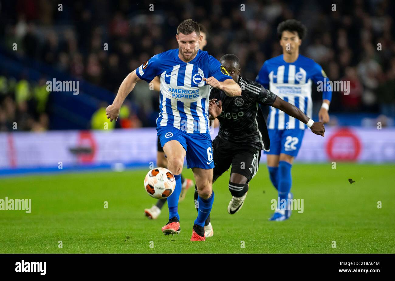 Brighton’s James Milner on the ball during the Brighton and Hove Albion v AFC Ajax - UEFA Europa League Group B football match at the American Express Community Stadium, Brighton UK on Thursday October 26th 2023 Stock Photo