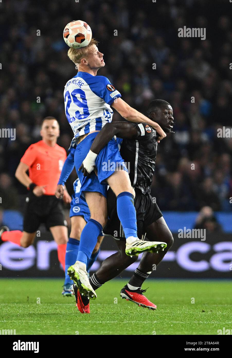 Brighton’s Jan-Paul van Hecke and Brian Brobbey of AFC Ajax battle for the ball during the Brighton and Hove Albion v AFC Ajax game - UEFA Europa League Group B football match at the American Express Community Stadium, Brighton UK on Thursday October 26th 2023 Stock Photo