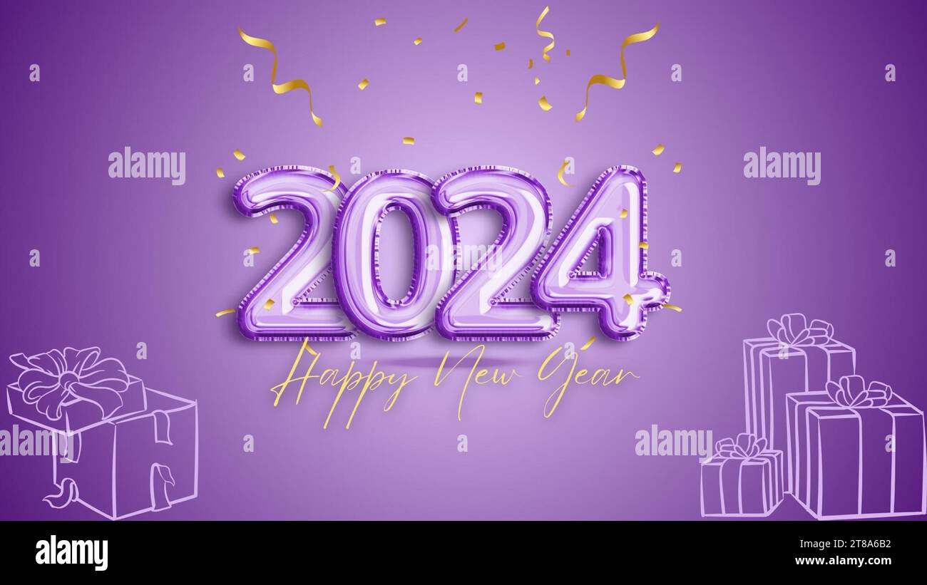 Happy New Year 2024 And Christmas Realistic Purple Foil Lettering   Happy New Year 2024 And Christmas Realistic Purple Foil Lettering Isolated On Purple Background With Firework Vector Illustration 2T8A6B2 