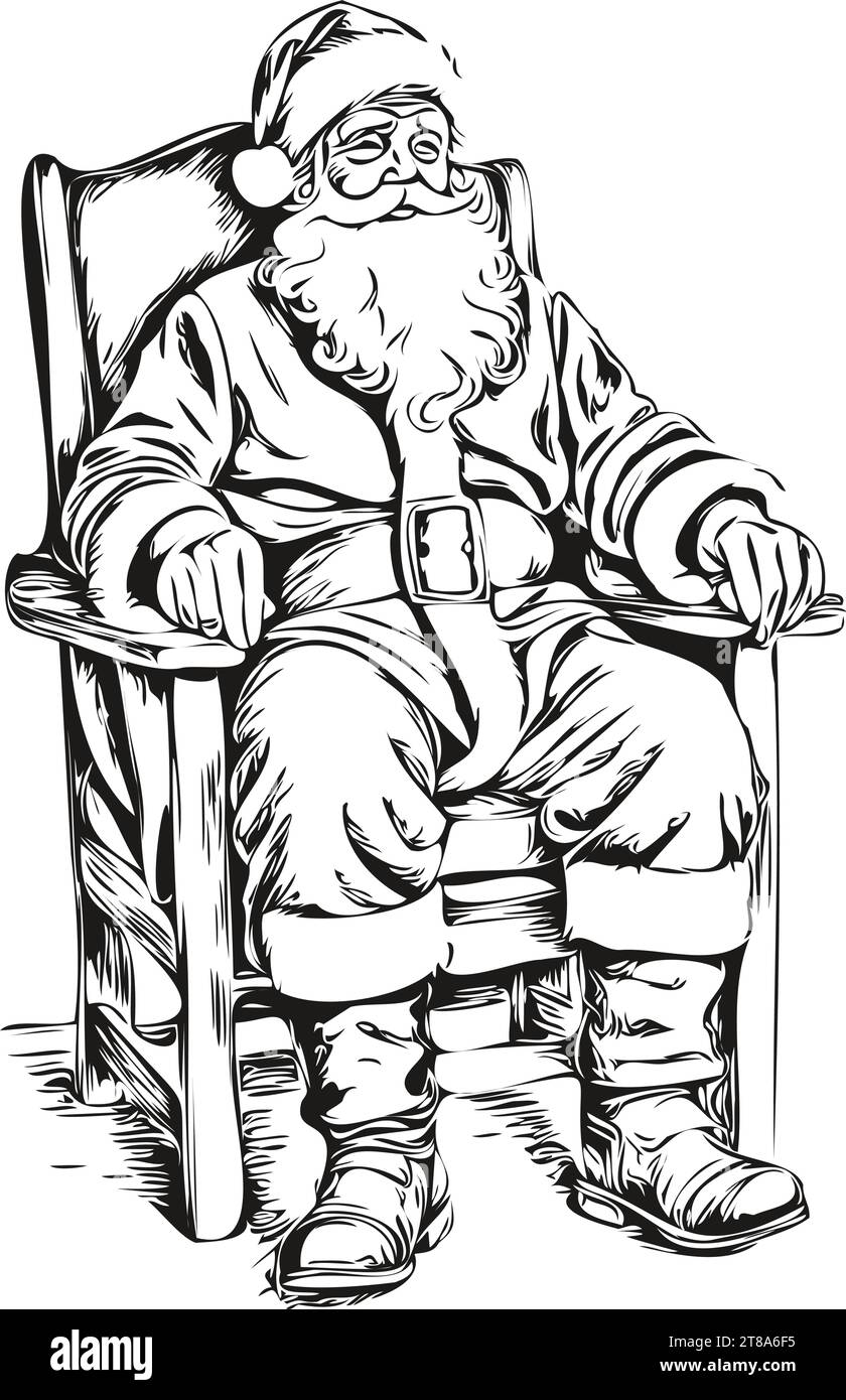 Santa Claus sits in a chair Father Christmas Vector Detailed Sketch in Black and White, Classic Illustration, black white isolated Vector ink outlines Stock Vector