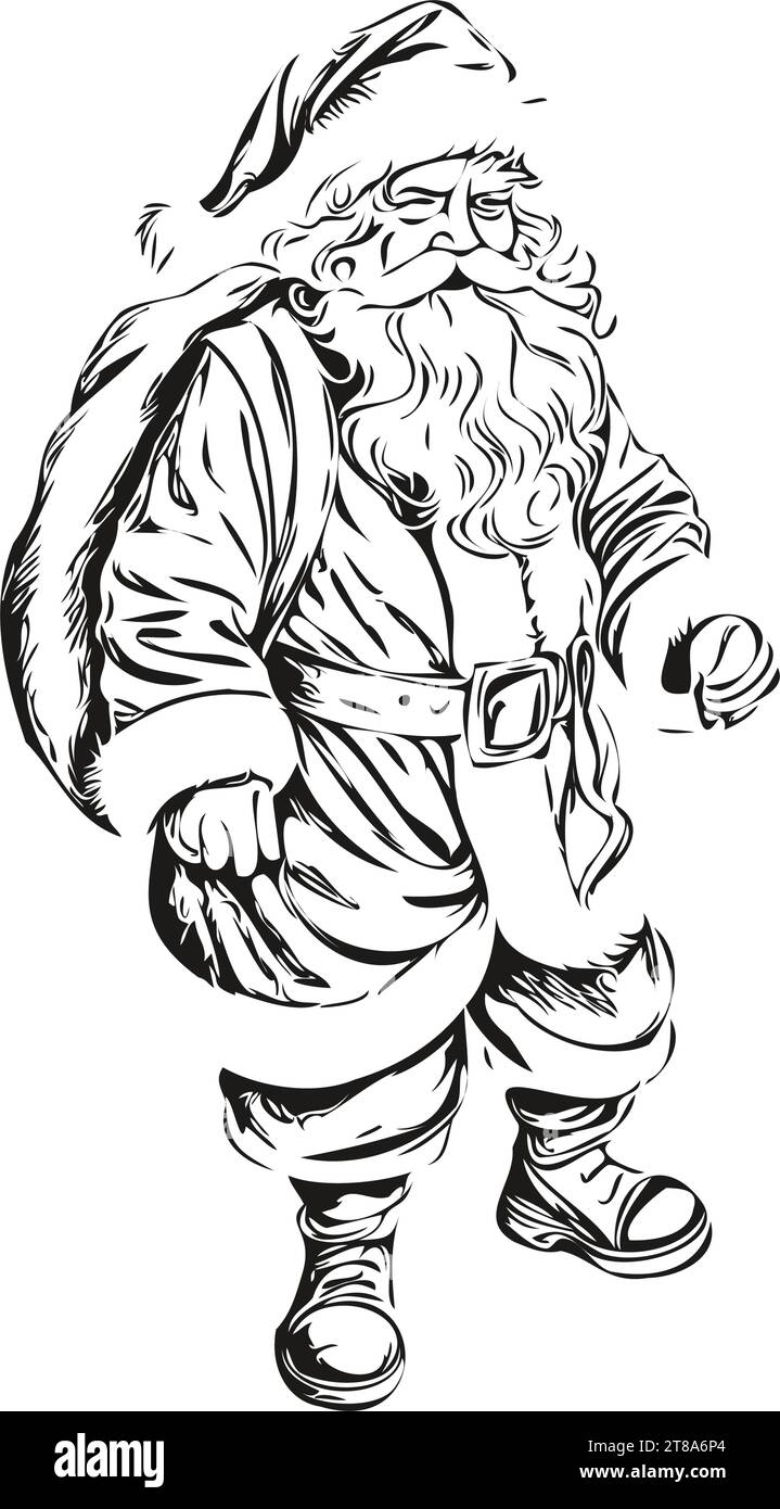 Santa Claus Sketch Illustration Detailed Father Christmas Drawing, Classic Style, black white isolated Vector ink outlines template for greeting card, Stock Vector