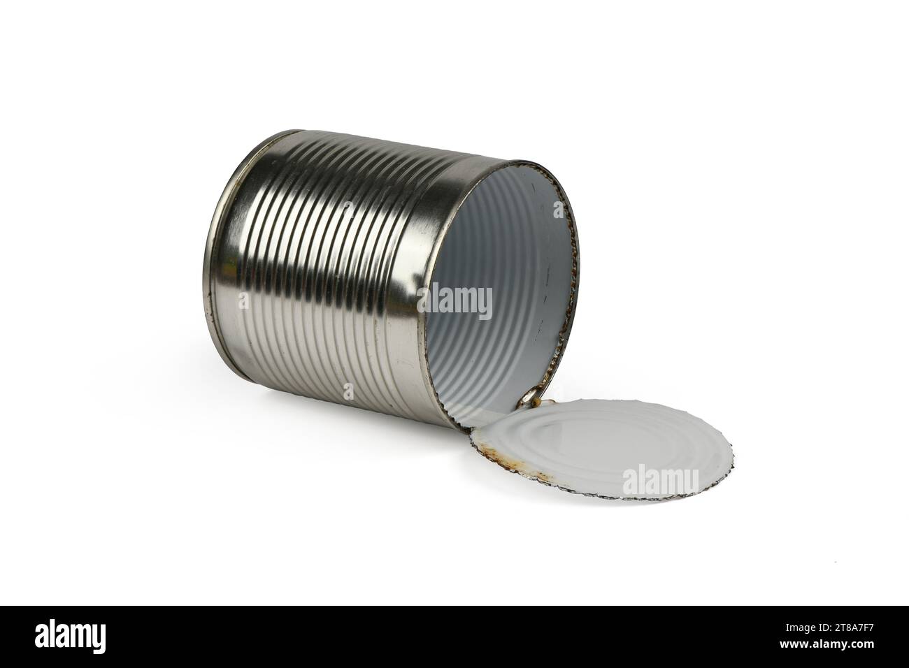 Closeup shot various open metal tin cans isolated on white background. Include a clipping path