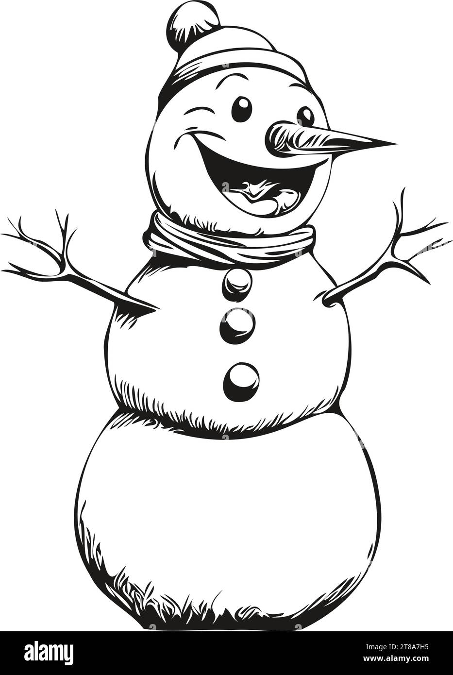 Snowman Christmas Cartoon Festive Hand Drawn Sketch in Classic Vintage Style and 2024 Theme with Seasonal Elements, black white isolated Vector ink ou Stock Vector