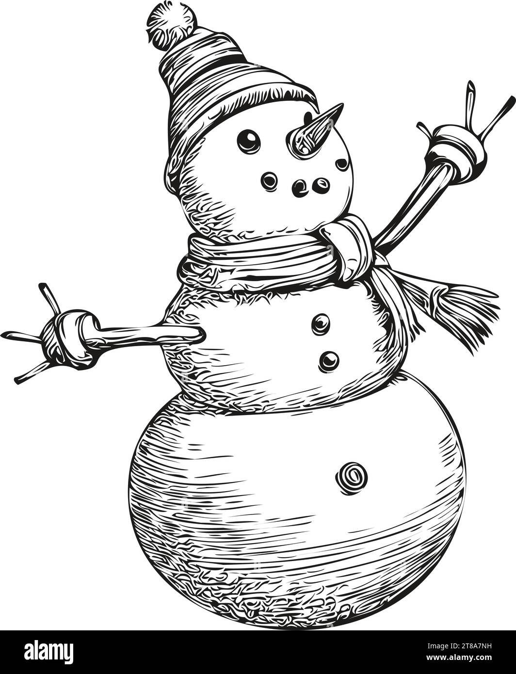Snowman Hand Drawn Vector Sketch Cartoonish 2024 Snowman in Vintage Engraving Style and Seasonal Decor, black white isolated Vector ink outlines templ Stock Vector
