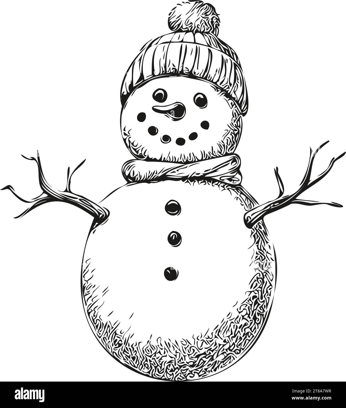 Snowman Line Art Drawing Intricate Vintage Engraving of Festive Snowman