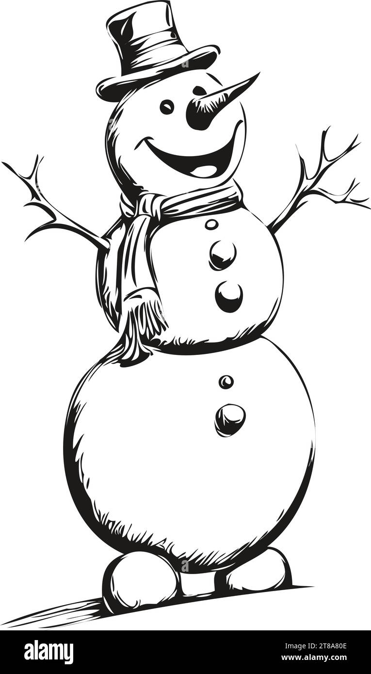 Snowman Isolated Vintage Sketch Classic Black and White Drawing of Christmas Snowman with Seasonal Emphasis, black white isolated Vector ink outlines Stock Vector