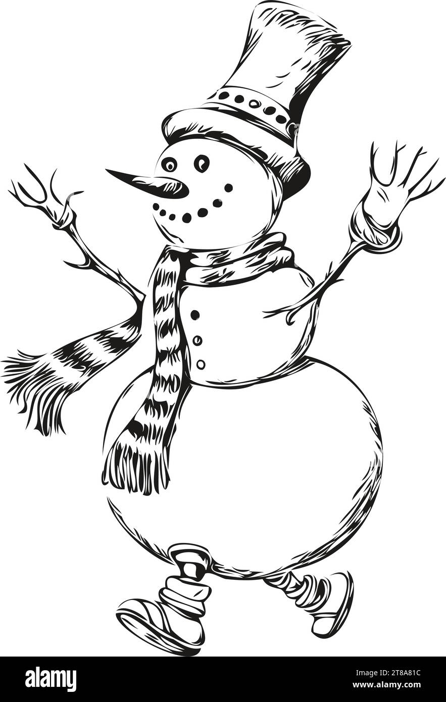 Snowman Line Art Drawing Intricate Vintage Engraving of Festive Snowman