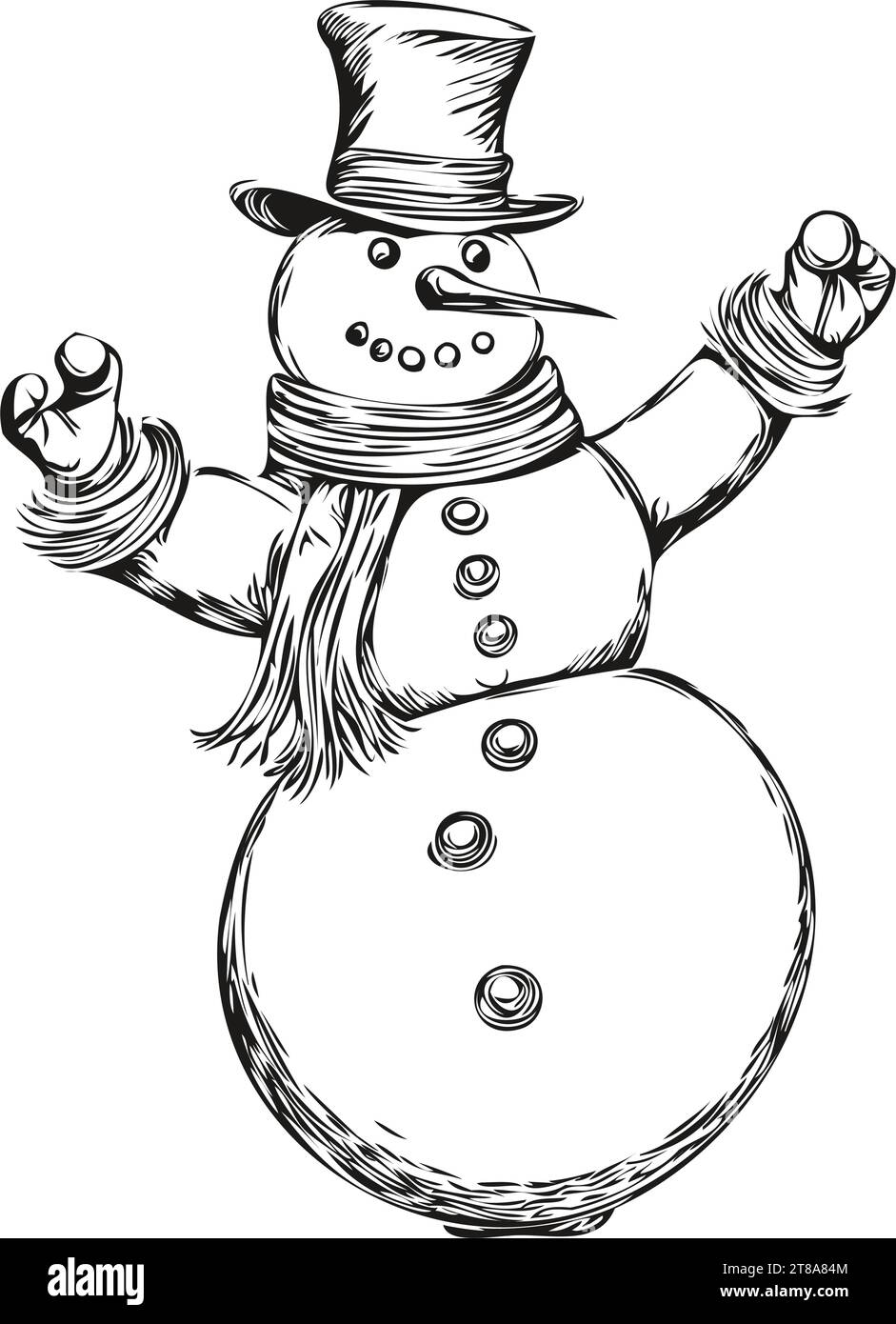 Snowman Sketch in Ink Detailed Hand Drawn Christmas Snowman Illustration with Vintage Style and Holiday Mood, black white isolated Vector ink outlines Stock Vector