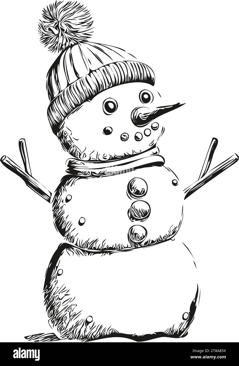 Snowman Vintage Engraved Sketch Detailed Illustration of Christmas Snowman, Classic Black and White, and Festive Elements, black white isolated Vector Stock Vector