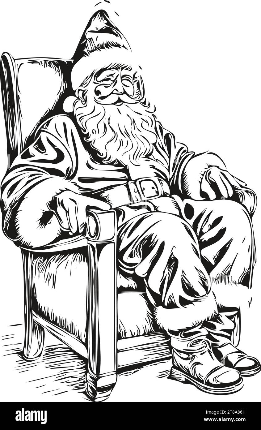 Santa Claus sits in a chair Vintage Engraving Sketch Detailed Father Christmas Illustration in Black and White, black white isolated Vector ink outlin Stock Vector