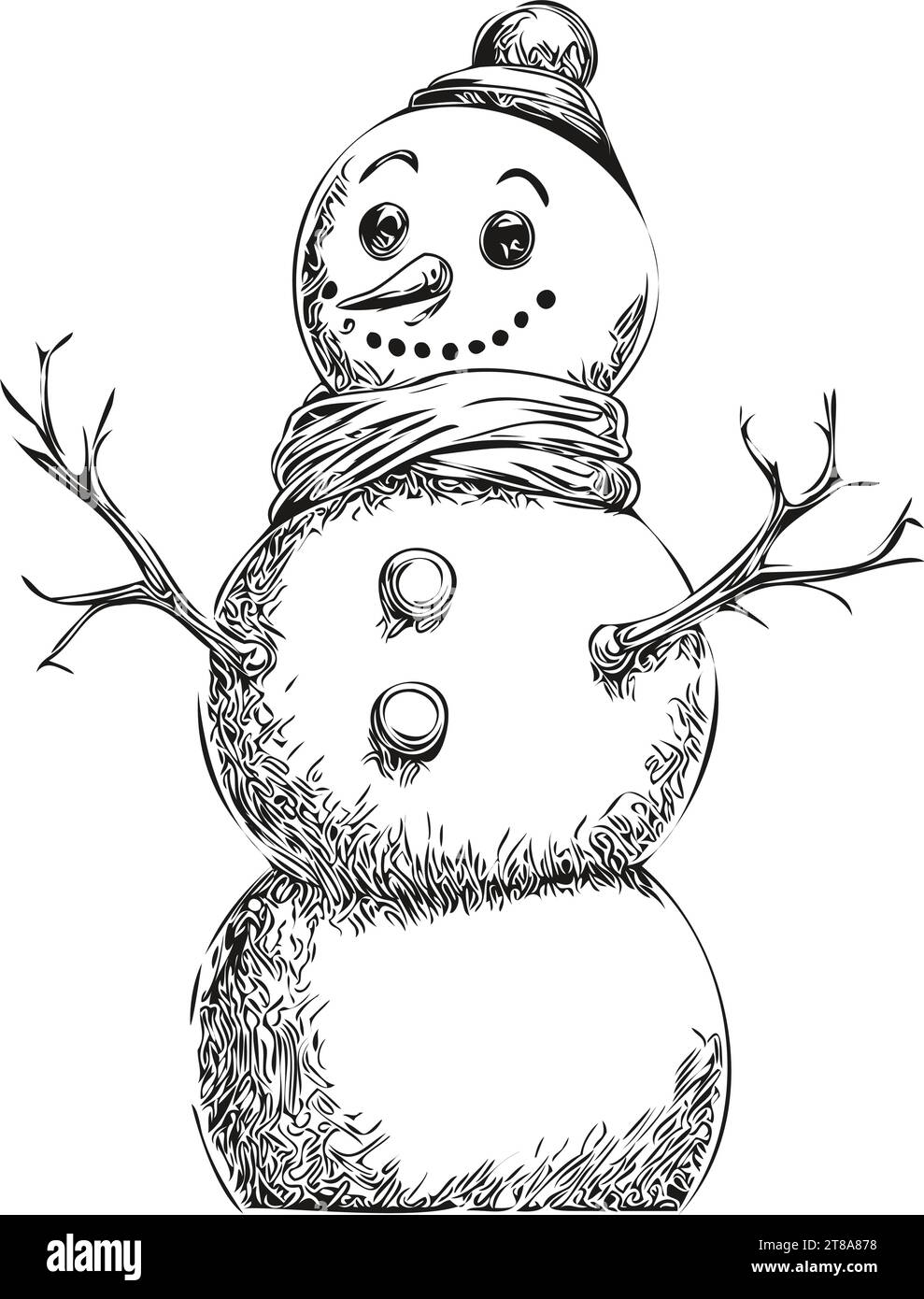 Snowman Sketch in Ink Detailed Hand Drawn Christmas Snowman Illustration with Vintage Style and Seasonal Details, black white isolated Vector ink outl Stock Vector