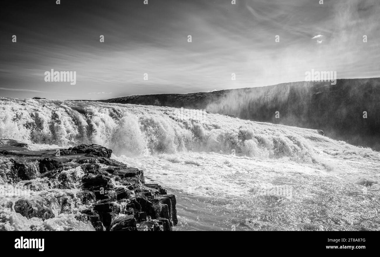Gullfoss (Golden Falls); is a waterfall located in the canyon of the Hvítá river in southwest Iceland. Gullfoss is one of the most visited tourist att Stock Photo