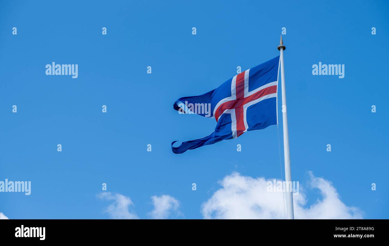 Official flag of Iceland nation, Thingvellir National Park, Southwest Iceland - Iceland, Europe Stock Photo