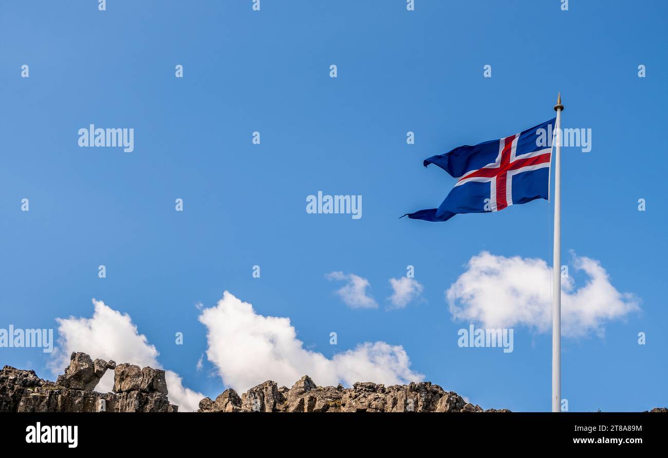Official flag of Iceland nation, Thingvellir National Park, Southwest Iceland - Iceland, Europe Stock Photo