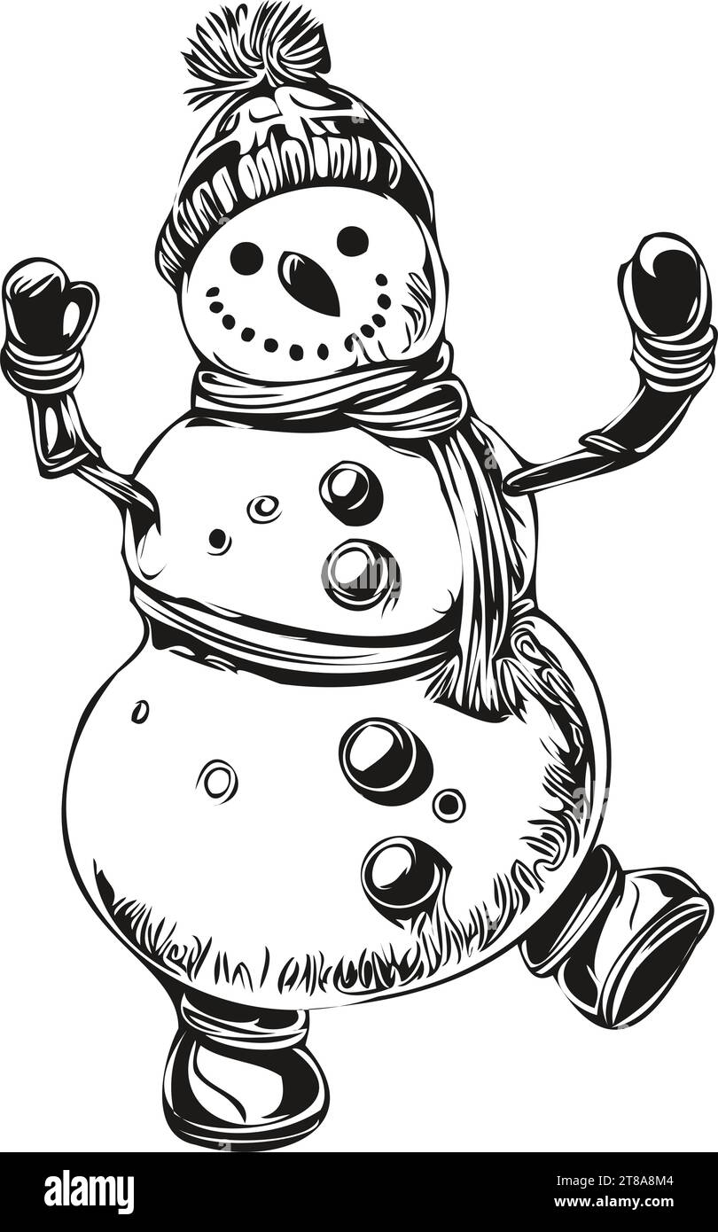 Snowman Christmas Cartoon Festive Hand Drawn Sketch in Classic Vintage