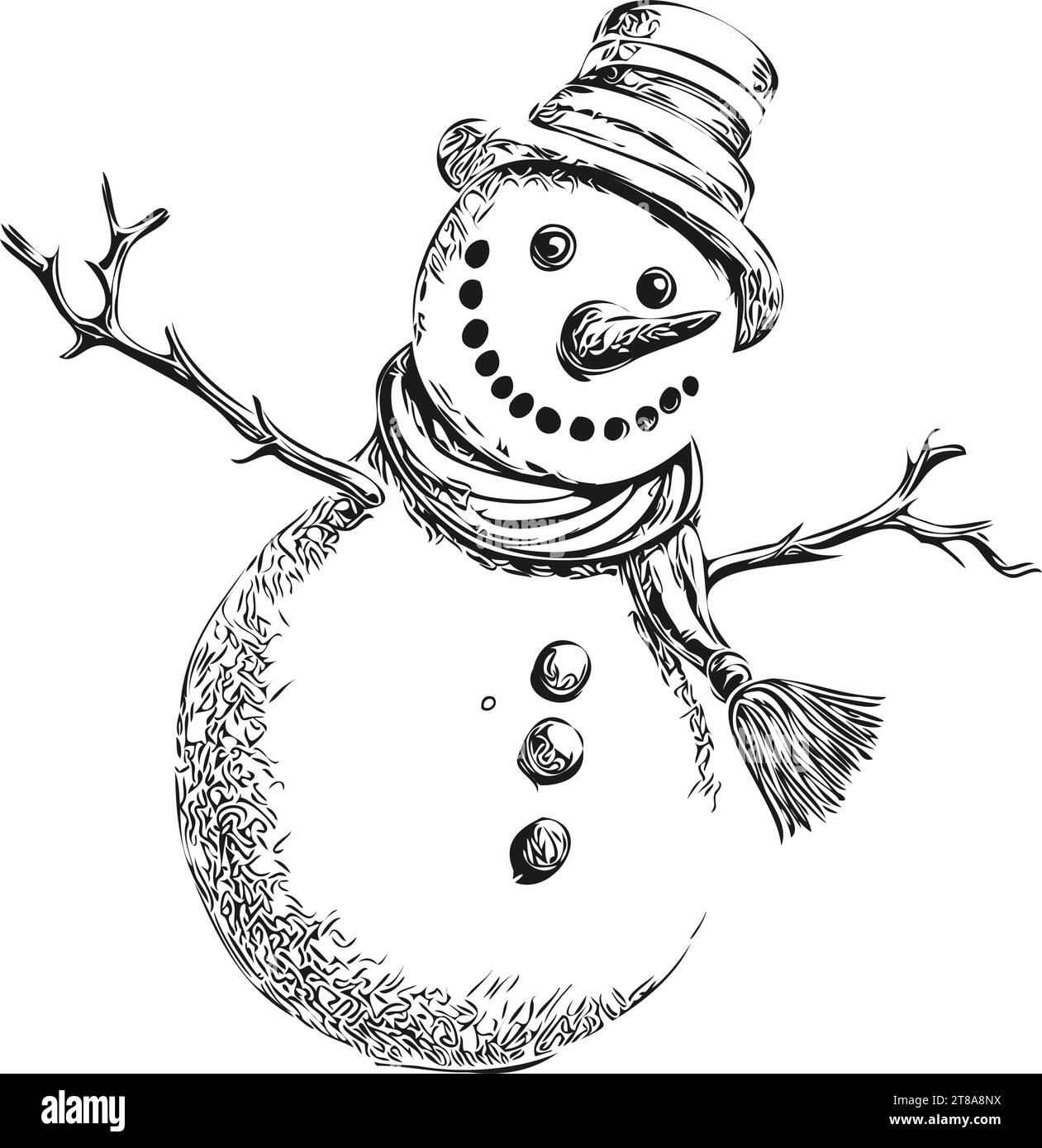 Snowman Hand Drawn Vector Sketch Cartoonish 2024 Snowman in Vintage Engraving Style with Seasonal Touches, black white isolated Vector ink outlines te Stock Vector