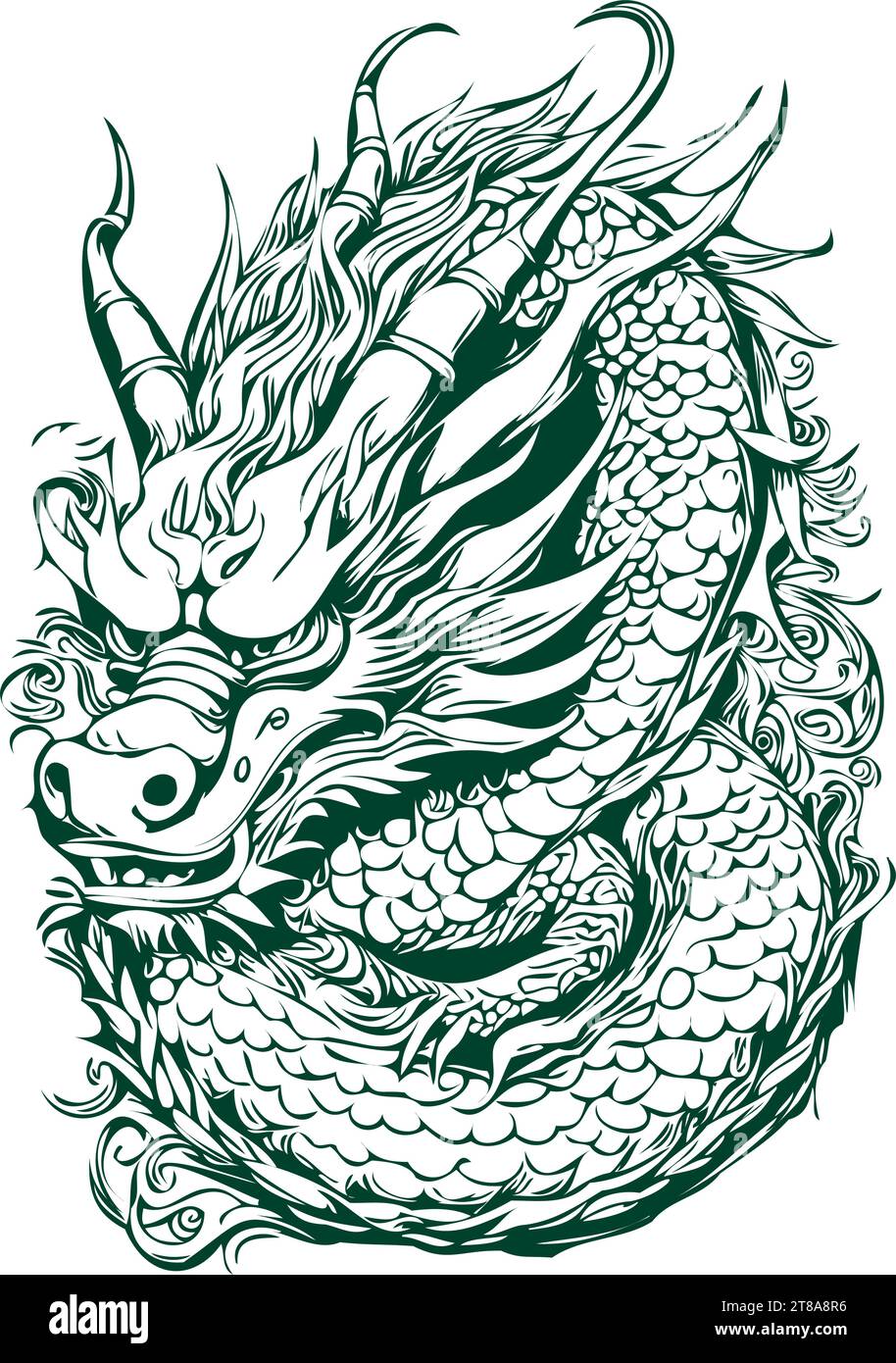 Year of the Green Wood Dragon Hand Drawn Cartoon Sketch for New Year, black white isolated Vector ink outlines template for greeting card, poster, inv Stock Vector