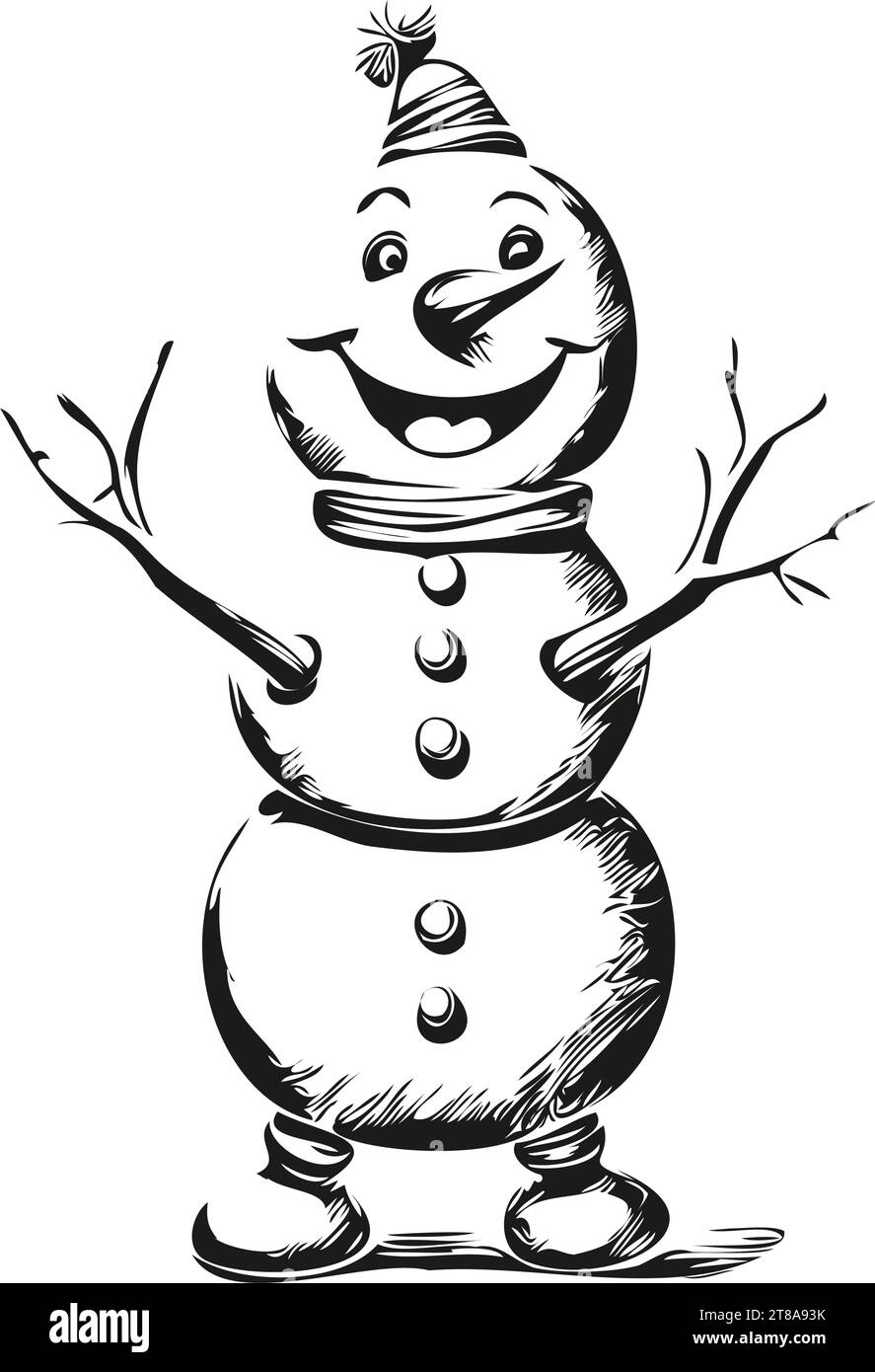Snowman Vintage Engraved Sketch Detailed Illustration of Christmas Snowman, Classic Black and White, and Festive Imagery, black white isolated Vector Stock Vector