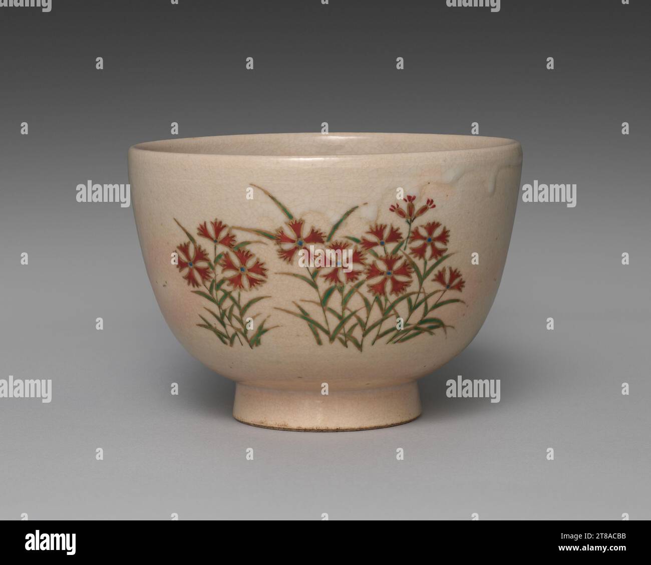 While porcelain was their primary specialization, all the members of the Seif? studio also made stoneware painted with iron oxide designs under the glaze and with color enamel and gold over the glaze. Many examples are further characterized by pink dots brought out during firing and by crackling in the glaze. Works of this type are classified as Kyoto ware, after the city where the style developed. People used the ceramics for a diversity of purposes, from everyday dining to chanoyu, or Japanese tea practice. Teabowl with Pinks, 1893–1914. Seifū Yohei III (Japanese, 1851–1914). Stoneware with Stock Photo