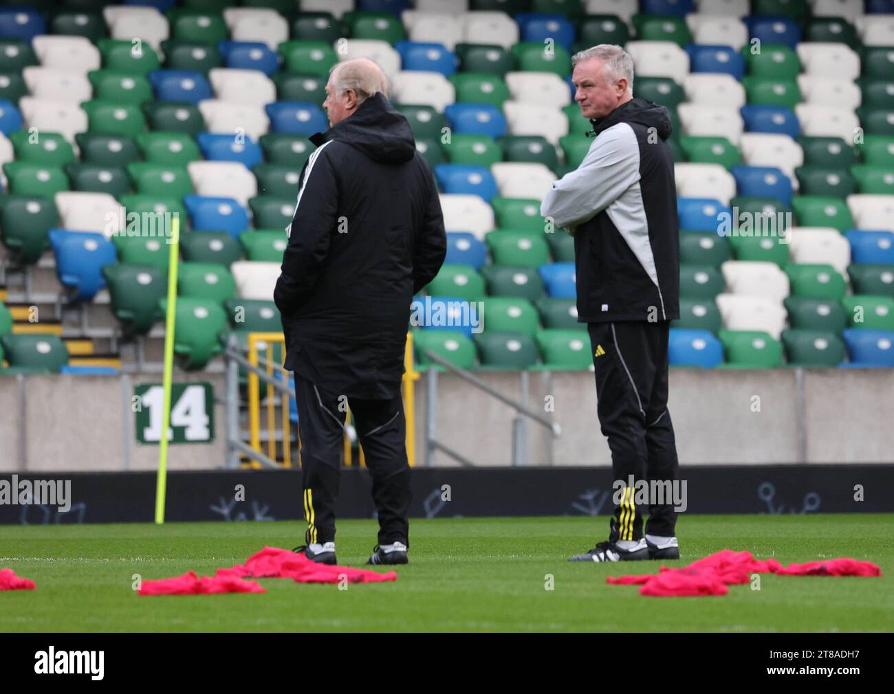 National Football Stadium at Windsor Park, Belfast, Northern Ireland, UK. 19th Nov 2023. The Northern Ireland squad train ahead of tomorrow evenings football match against Denmark in a Euro 2024 qualifier, their last in the qualifying group. Northern Ireland manager Michael O'Neill at training. Credit: David Hunter/Alamy Live News. Stock Photo