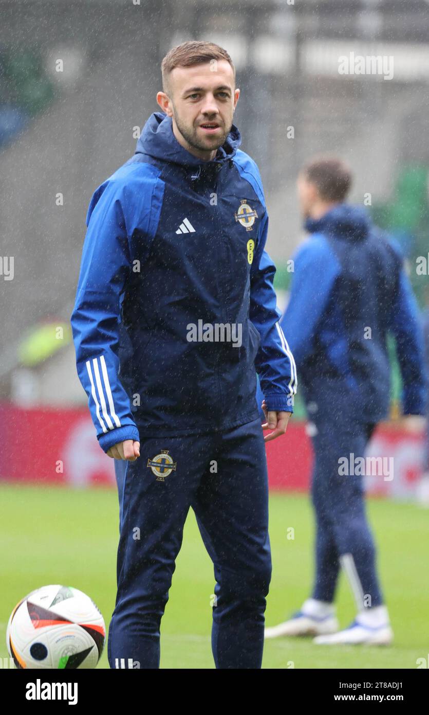 National Football Stadium at Windsor Park, Belfast, Northern Ireland, UK. 19th Nov 2023. The Northern Ireland squad train ahead of tomorrow evenings football match against Denmark in a Euro 2024 qualifier, their last in the qualifying group. Conor McMenamin training.  Credit: David Hunter/Alamy Live News. Stock Photo