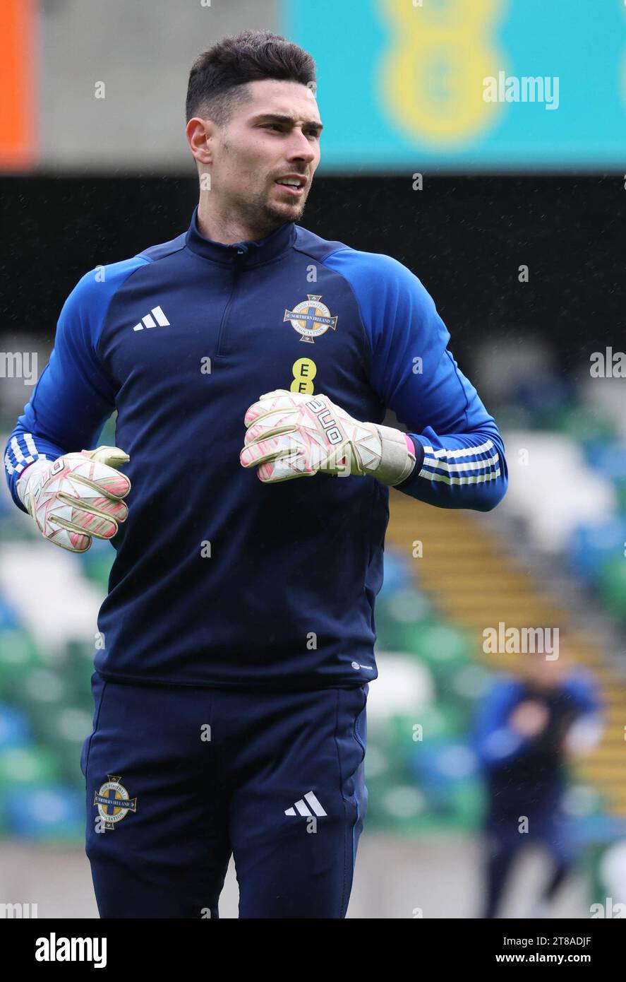 National Football Stadium at Windsor Park, Belfast, Northern Ireland, UK. 19th Nov 2023. The Northern Ireland squad train ahead of tomorrow evenings football match against Denmark in a Euro 2024 qualifier, their last in the qualifying group. Goalkeeper Luke Southwood training. Credit: David Hunter/Alamy Live News. Stock Photo