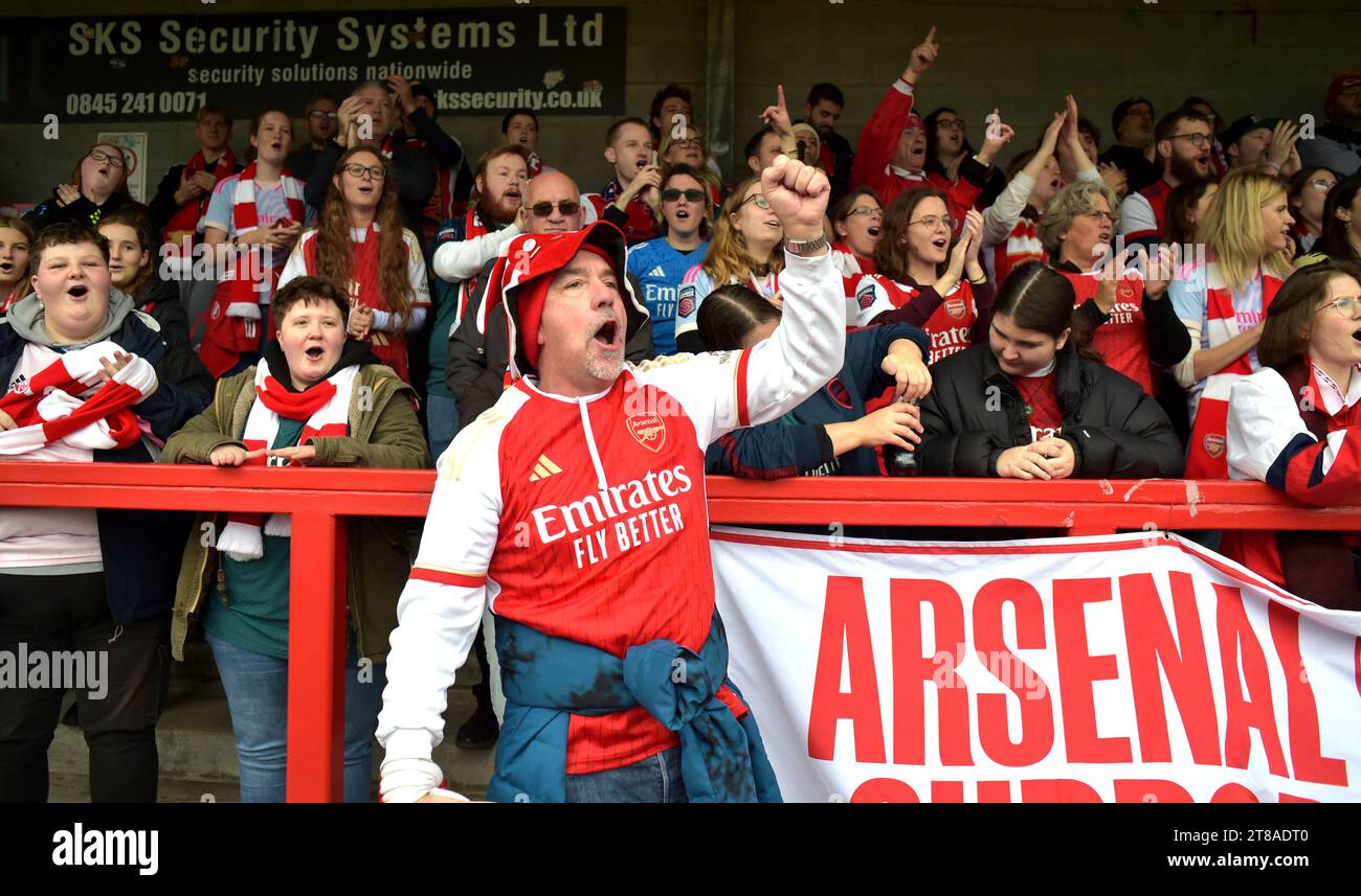 Crawley UK 19th November 2023 - Arsenal fans in good voice before the Barclays  Women's Super League football match between Brighton & Hove Albion and Arsenal at The Broadfield Stadium in Crawley  : Credit Simon Dack /TPI/ Alamy Live News Stock Photo