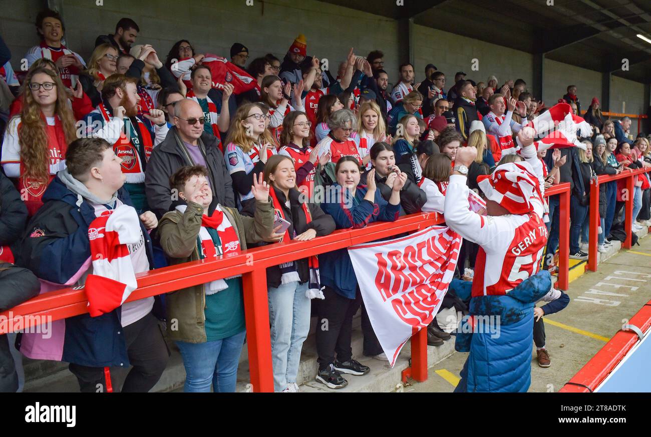 Crawley UK 19th November 2023 - Arsenal fans in good voice before the Barclays  Women's Super League football match between Brighton & Hove Albion and Arsenal at The Broadfield Stadium in Crawley  : Credit Simon Dack /TPI/ Alamy Live News Stock Photo