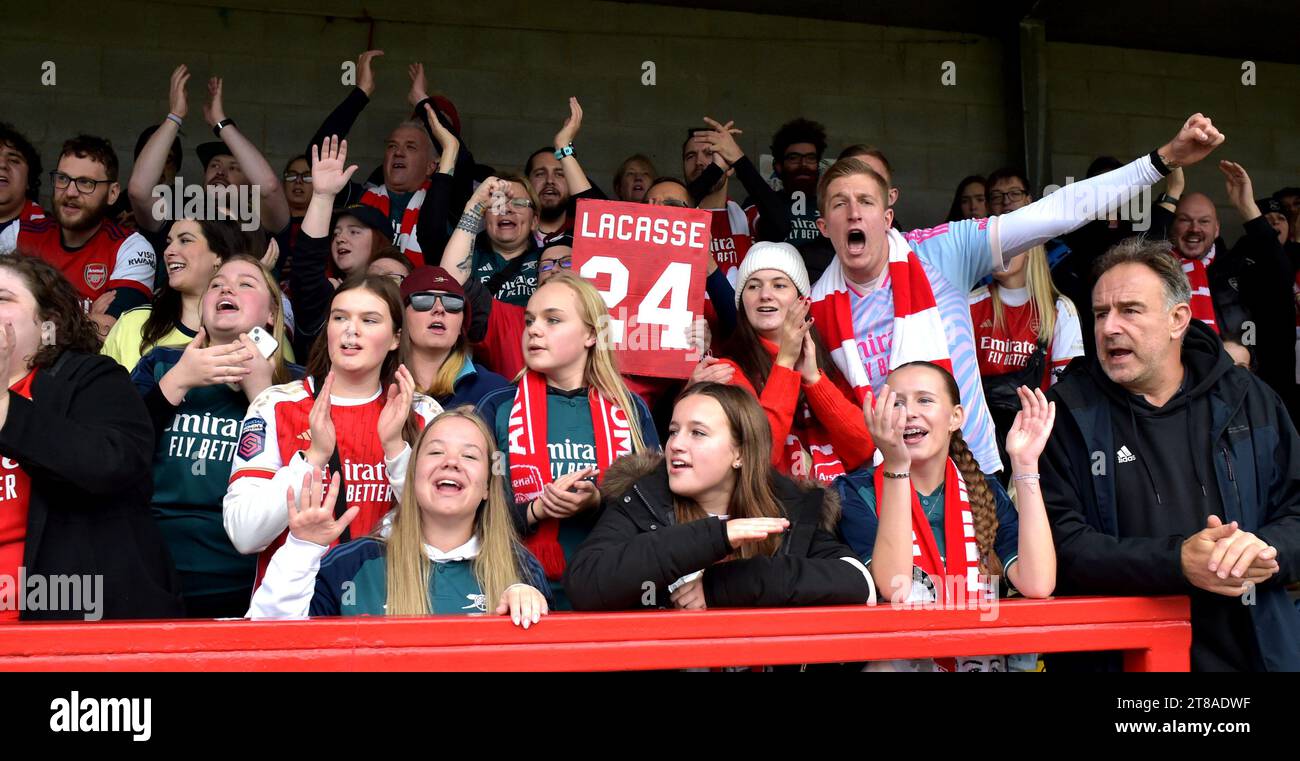 Crawley UK 19th November 2023 - Arsenal fans in good voice before the Barclays  Women's Super League football match between Brighton & Hove Albion and Arsenal at The Broadfield Stadium in Crawley  : Credit Simon Dack /TPI/ Alamy Live News Stock Photo