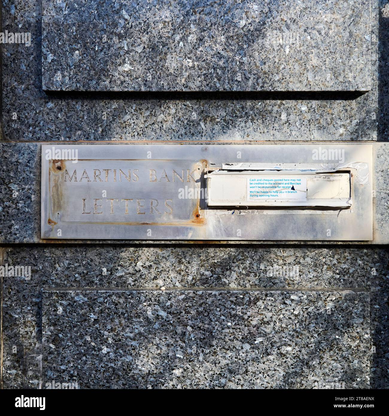 Old Martins Bank then Barclays Bank letter box in former town centre branch Stock Photo