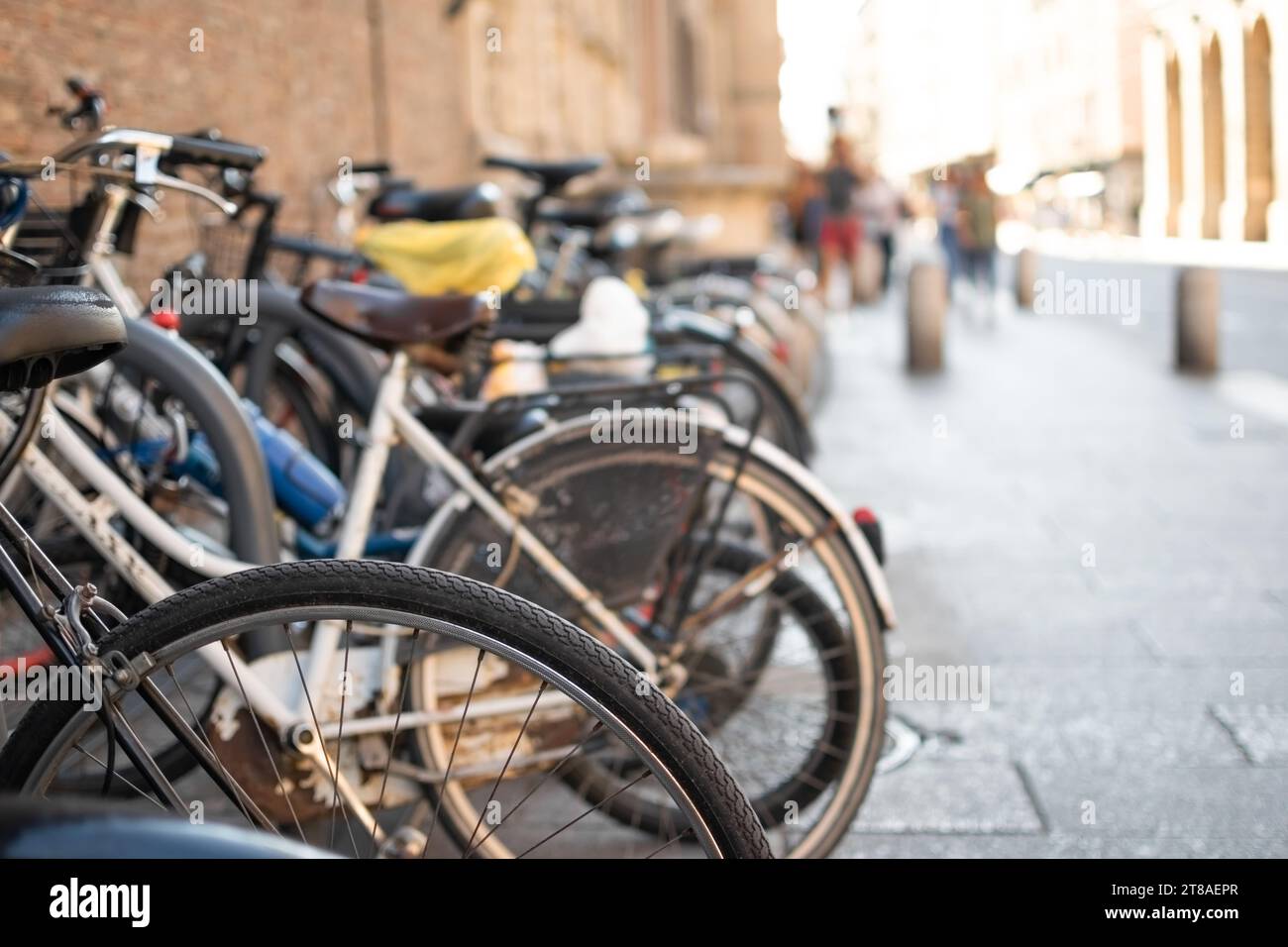 Set of Bicycles parked on street in row with blur road background Stock Photo