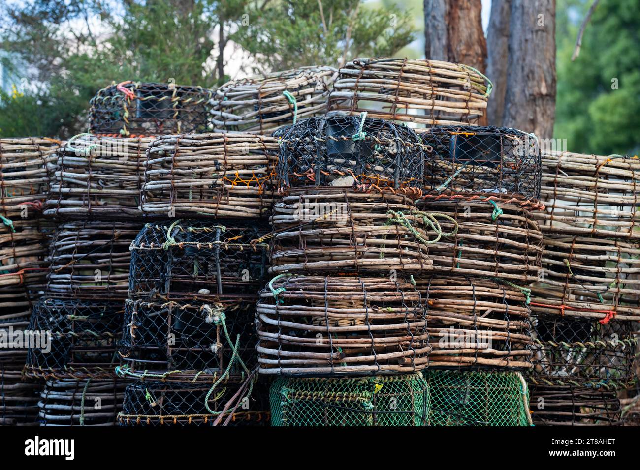 crayfish cray pots stacked up in tasmania australia Stock Photo