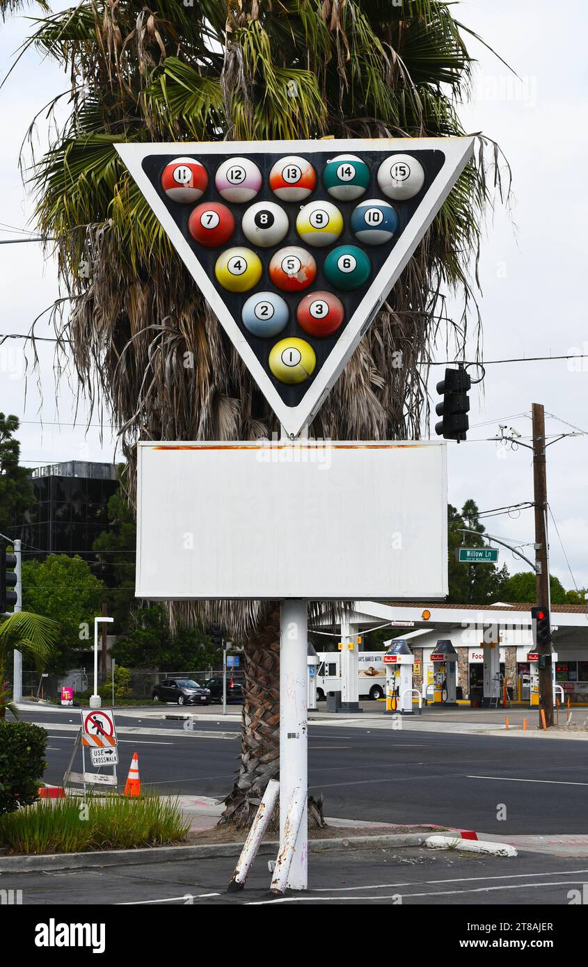 WESTMINSTER, CALIFORNIA - 25 OCT 2023: Billiard Ball Rack sign at International Billiards Parlor. Stock Photo