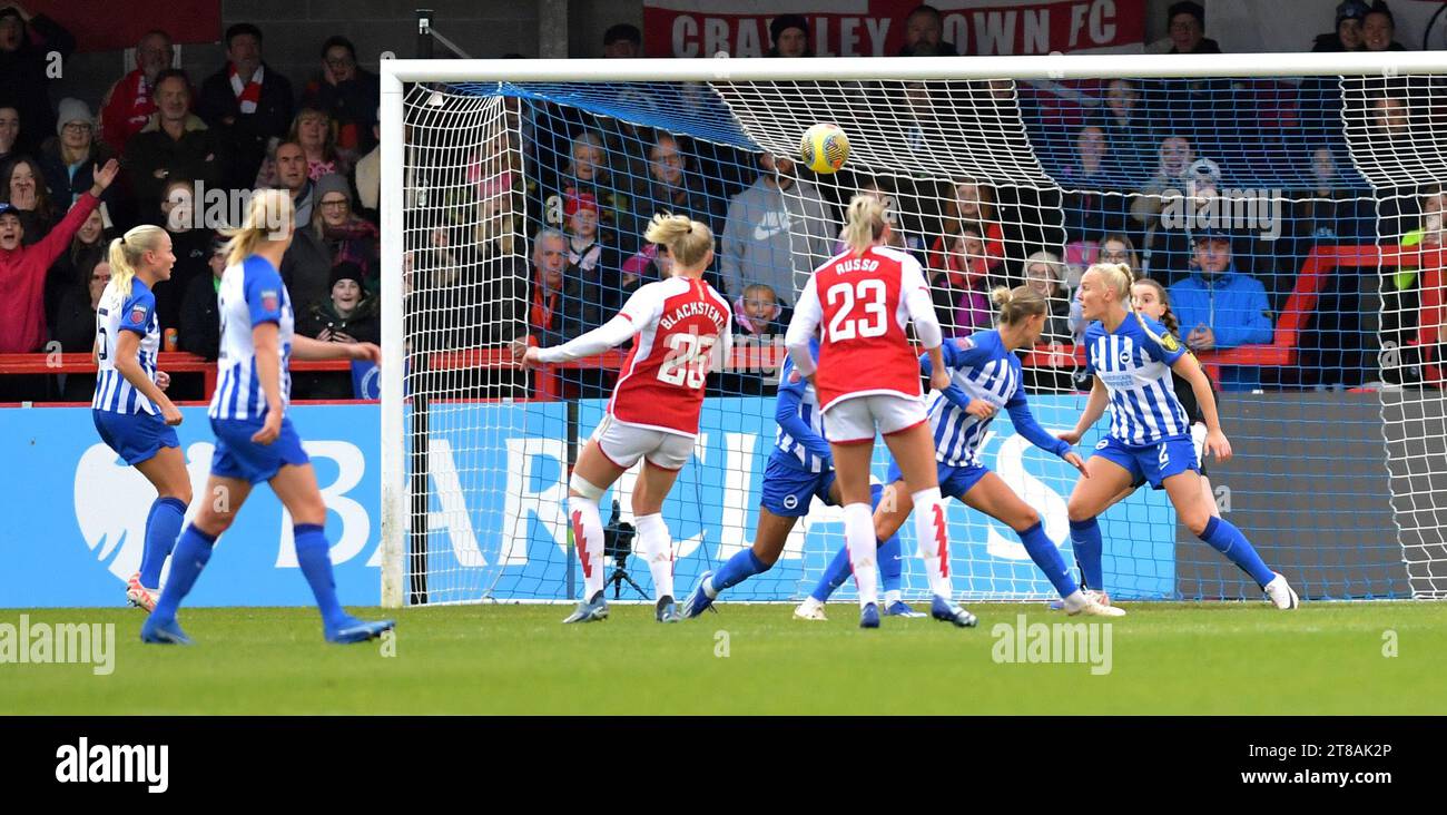 Crawley UK 19th November 2023 - Stina Blackstinius of Arsenal (no 25)  fires in the first goal  during the Barclays  Women's Super League football match between Brighton & Hove Albion and Arsenal at The Broadfield Stadium in Crawley (Editorial Use Only) : Credit Simon Dack /TPI/ Alamy Live News Stock Photo